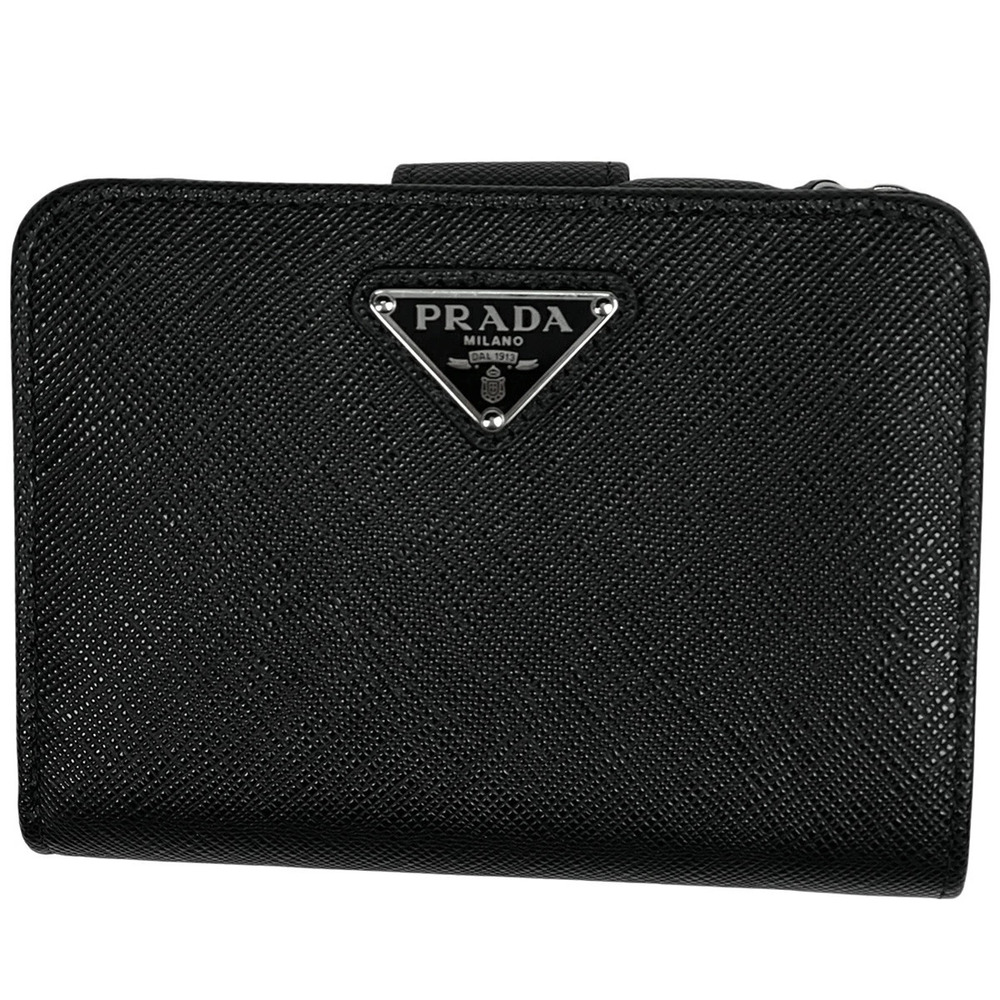 Prada plate bi fold wallet Saffiano leather Nero black